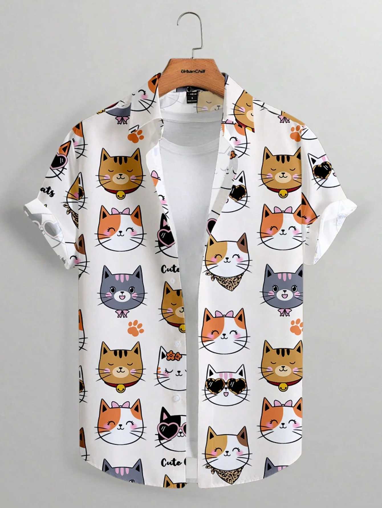 Unisex fashion mens cute cat print casual daily wear 3D printed short sleeved shirt fashion Hawaiian Harajuku mens shirt X250410