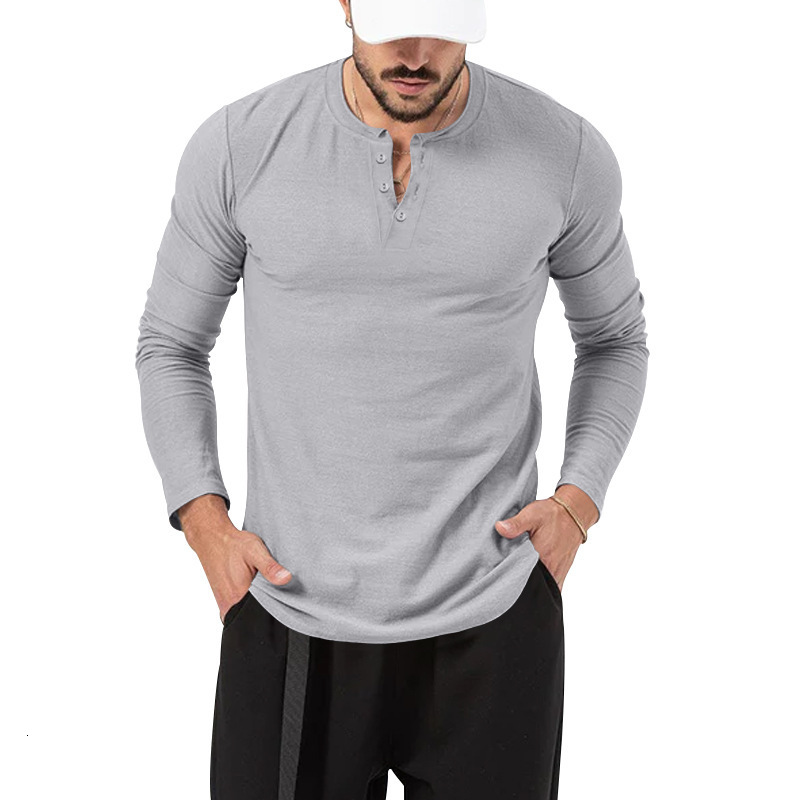 2024 Spring and Autumn Clothing Mens T-shirt Henley Shirt Long Sleeve Mens Bottom Shirt Mens