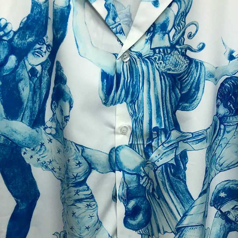 Abstract Art Portrait Pattern Print Shirt Short Sleeve Casual Mens Street Clothing Summer Camisa Masculina Shirt Moda Hombre X250410
