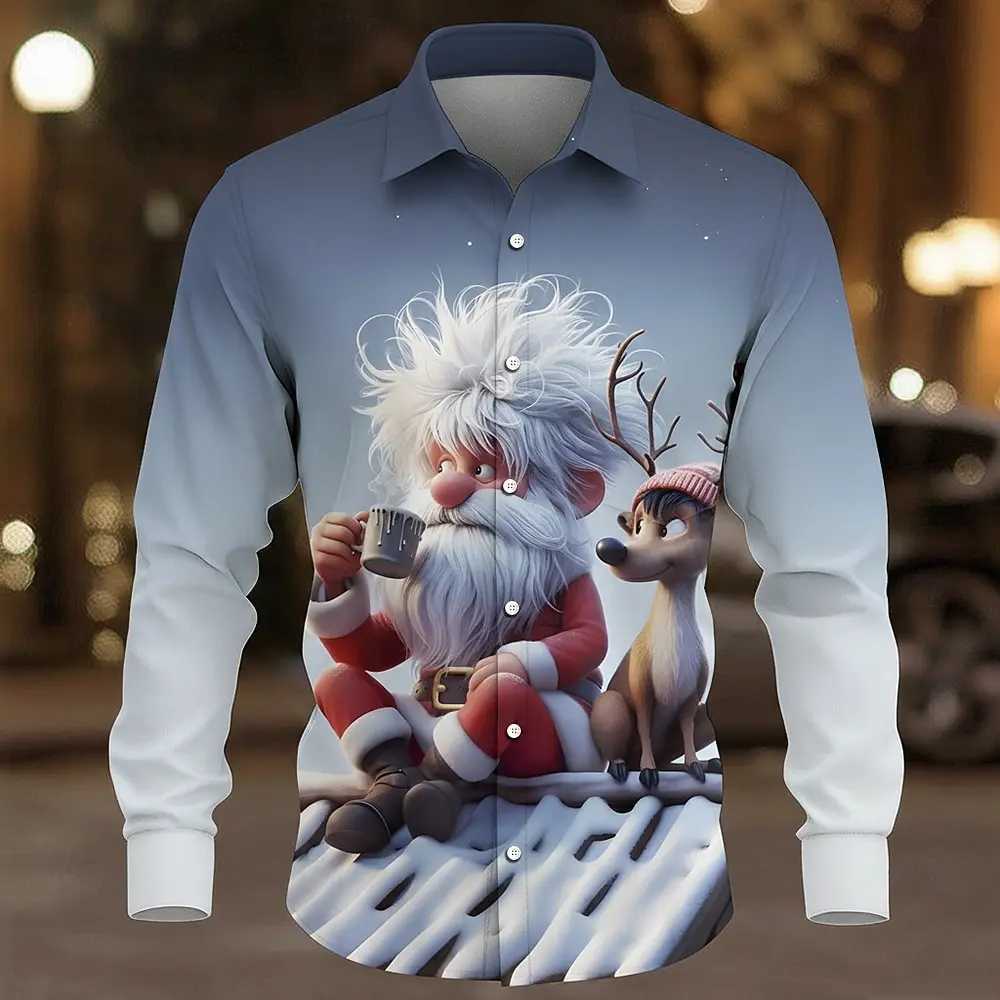 Christmas Mens Santa Claus Snowman Reindeer Shirt Button Up Shirt Long Sleeve Funny Outdoor Holiday Spring Fall Turndown Shirts K251110