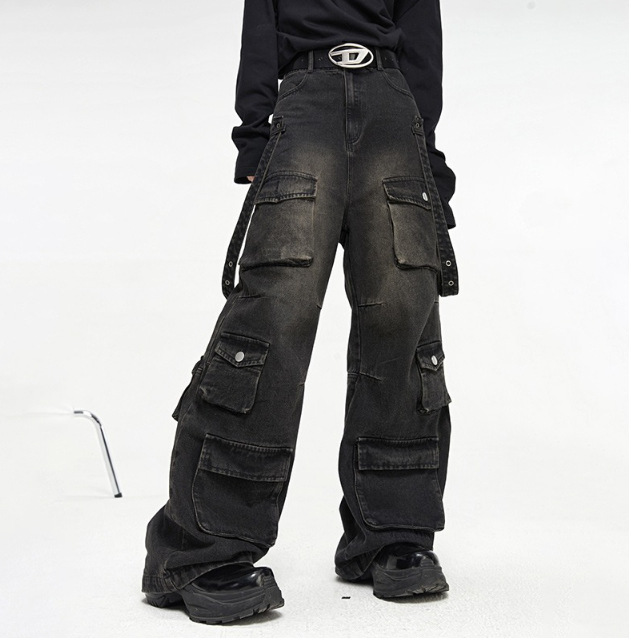 designer Men's Jeans Baggy Black Cargo Pants Women Wide Leg Casual High Street joggers American Style Streetwear Drawstring Trousers