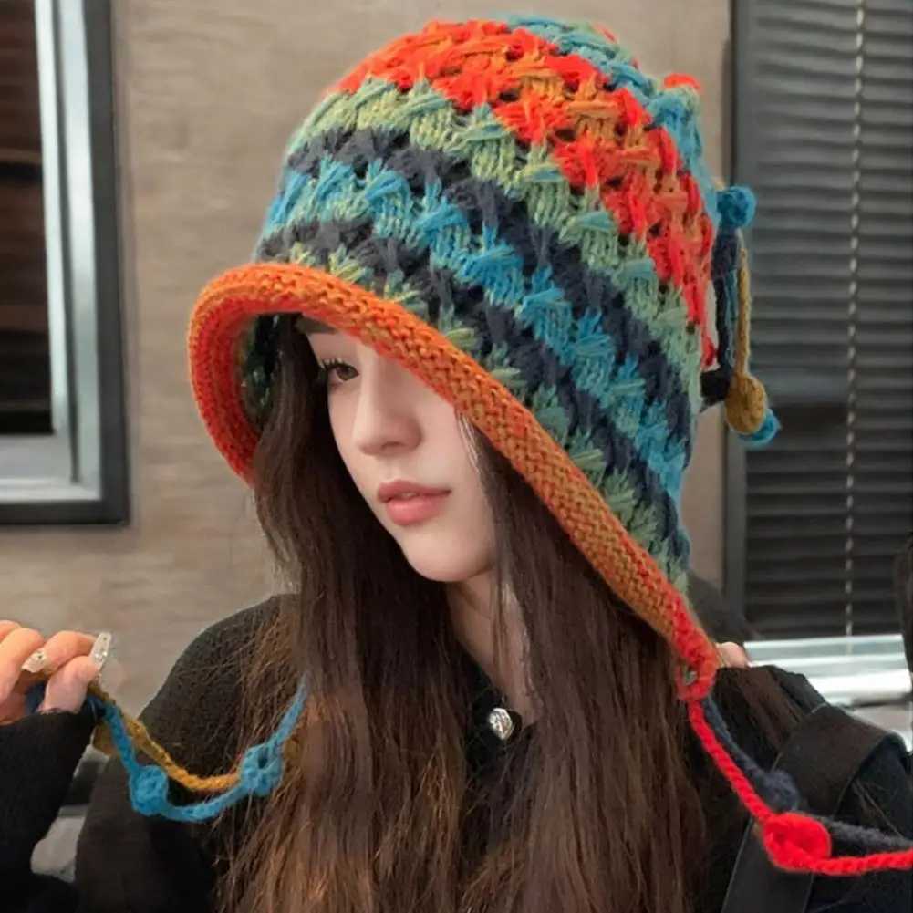 2025 Colorful Rainbow Winter Warm Striped Knit Wool Beanie Hat For Women Crochet Ear Female Girl Snow Windproof BonnetXJ251110
