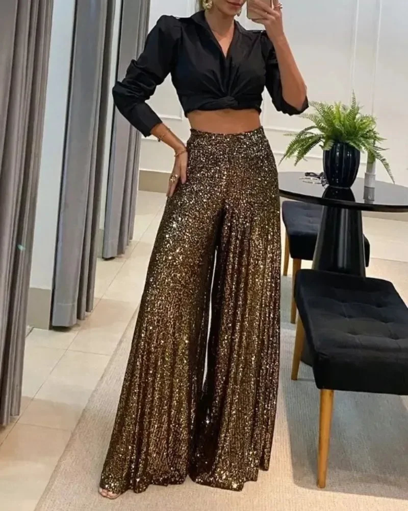 Elegant Shinny Sequin Long Pants Women Fashion High Waist Draped Loose Trousers Spring Autumn Casual Wide Legger Solid Pant 250409