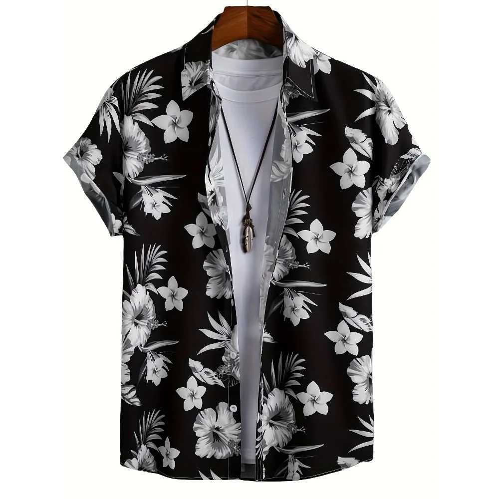 Hawaiian style floral pattern mens short sleeved lapel shirt summer outdoor vacation mens button up shirt X250410