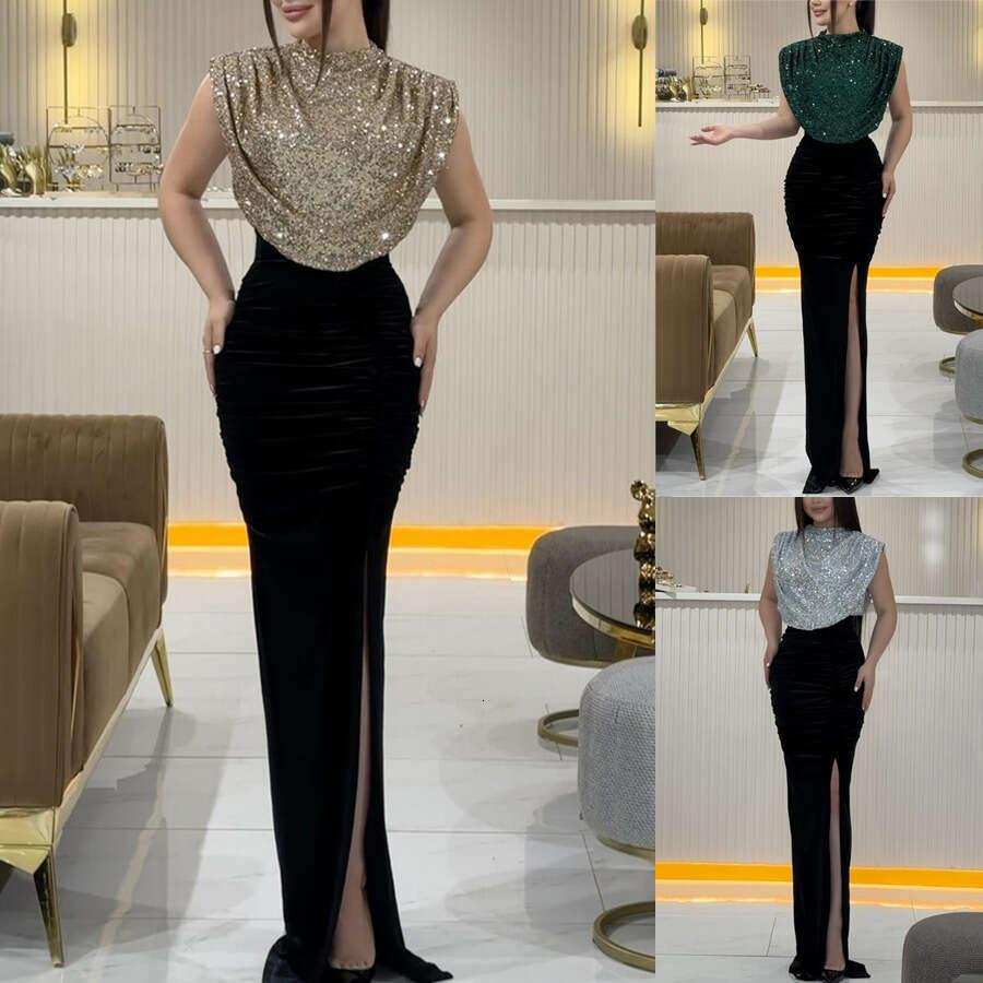 2025 Spring and Autumn New Sequin Patchwork Sleeveless INS Casual Party Slit Night club maxi dress SEXY DRESSES FOR WOMEN