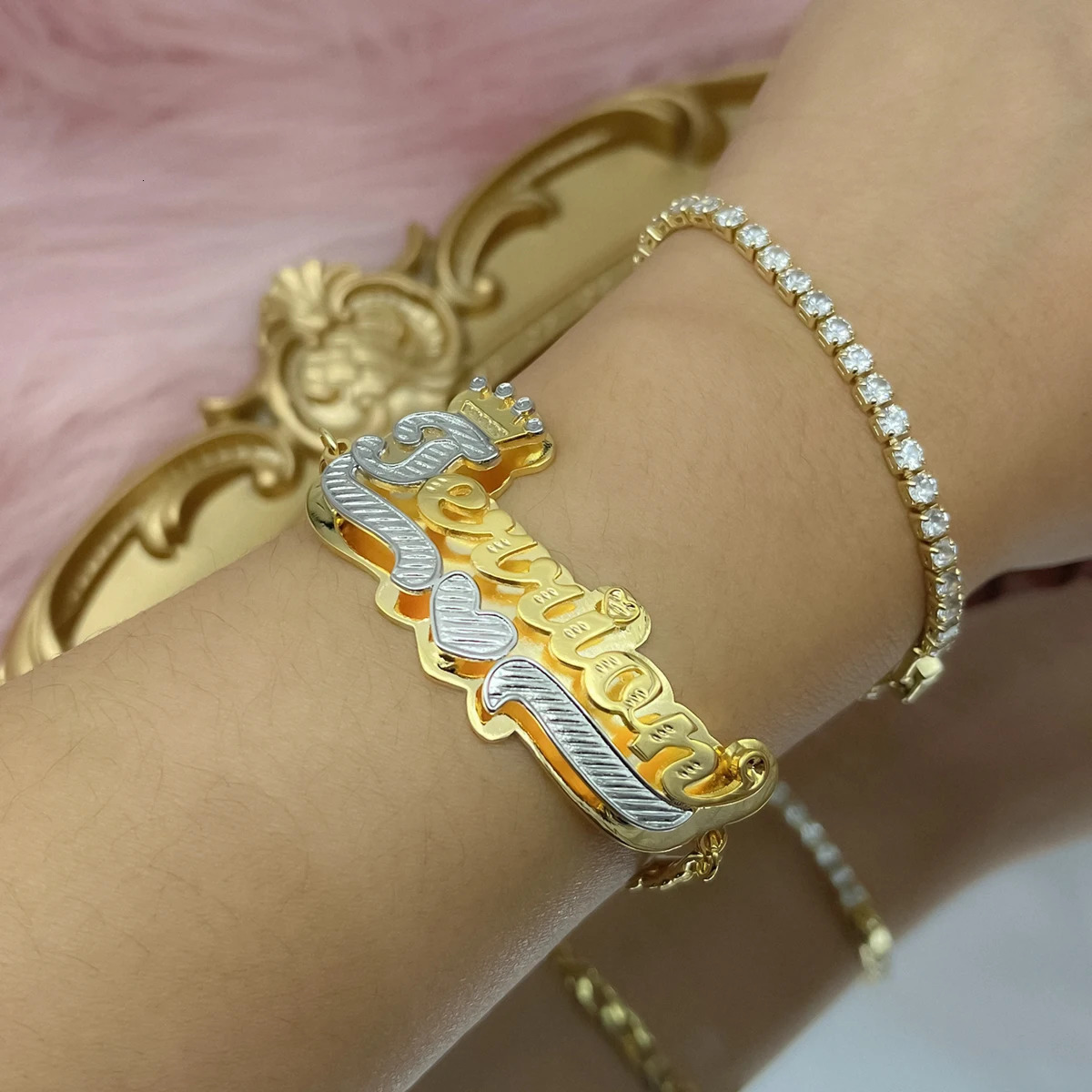 DHQH Customized Name Bracelet 3D Double Name Bracelet Personalized Stainless Steel Cuban Chain Bracelet Womens Gift 250408