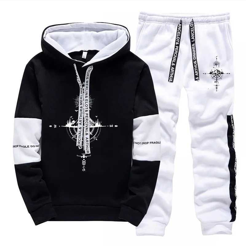 Vintage Compass Print Mens Tracksuit Hooded Sweatshirt Sweatpants Autumn Winter Casual Sportswear Jogging Outfit Clothes for Man W251110