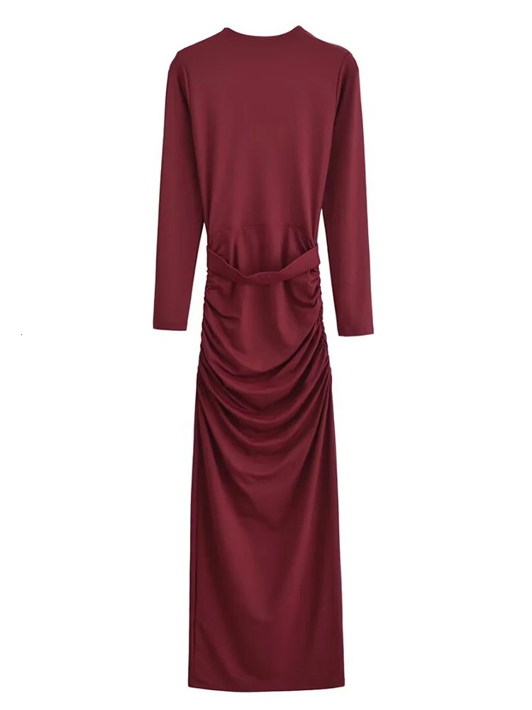 TFMLN elegant womens dark V-neck long dress summer sexy ultra-thin full sleeve party pleated dress fashionable womens waist chic dress 250409