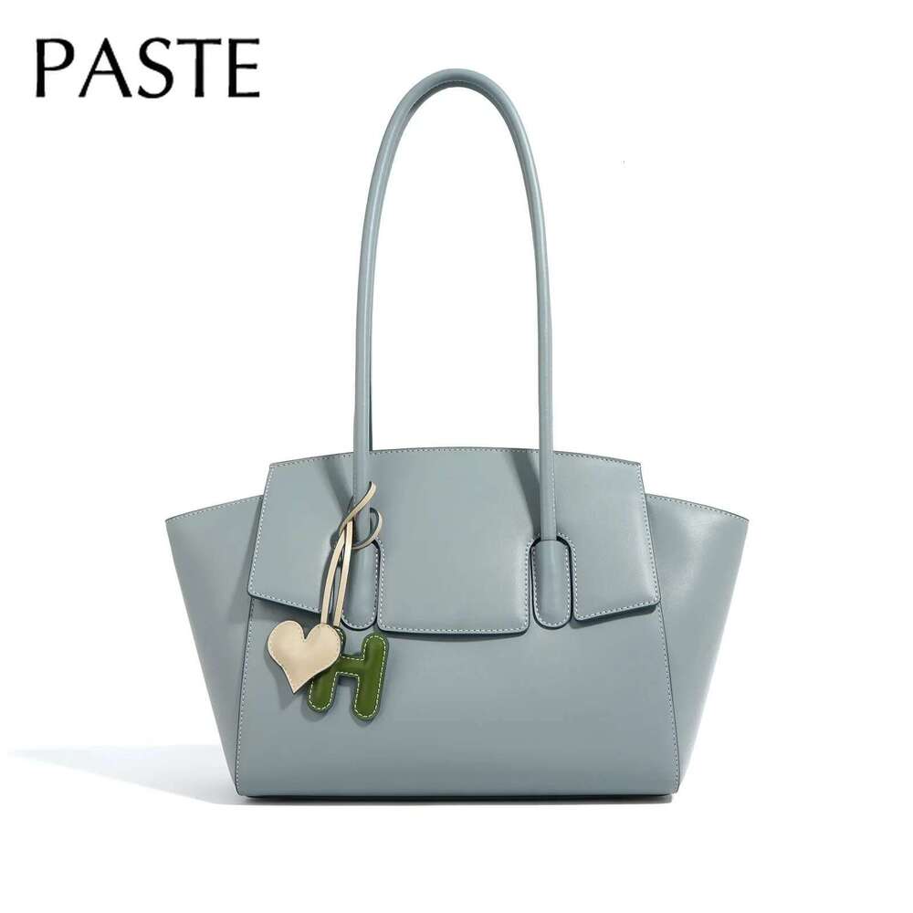 New Chic Large Trapeze Tote All-Match Denim Blue Color Split Cow Leather Women Handbag Long Handle Ladies Armpit Shoulder Bag