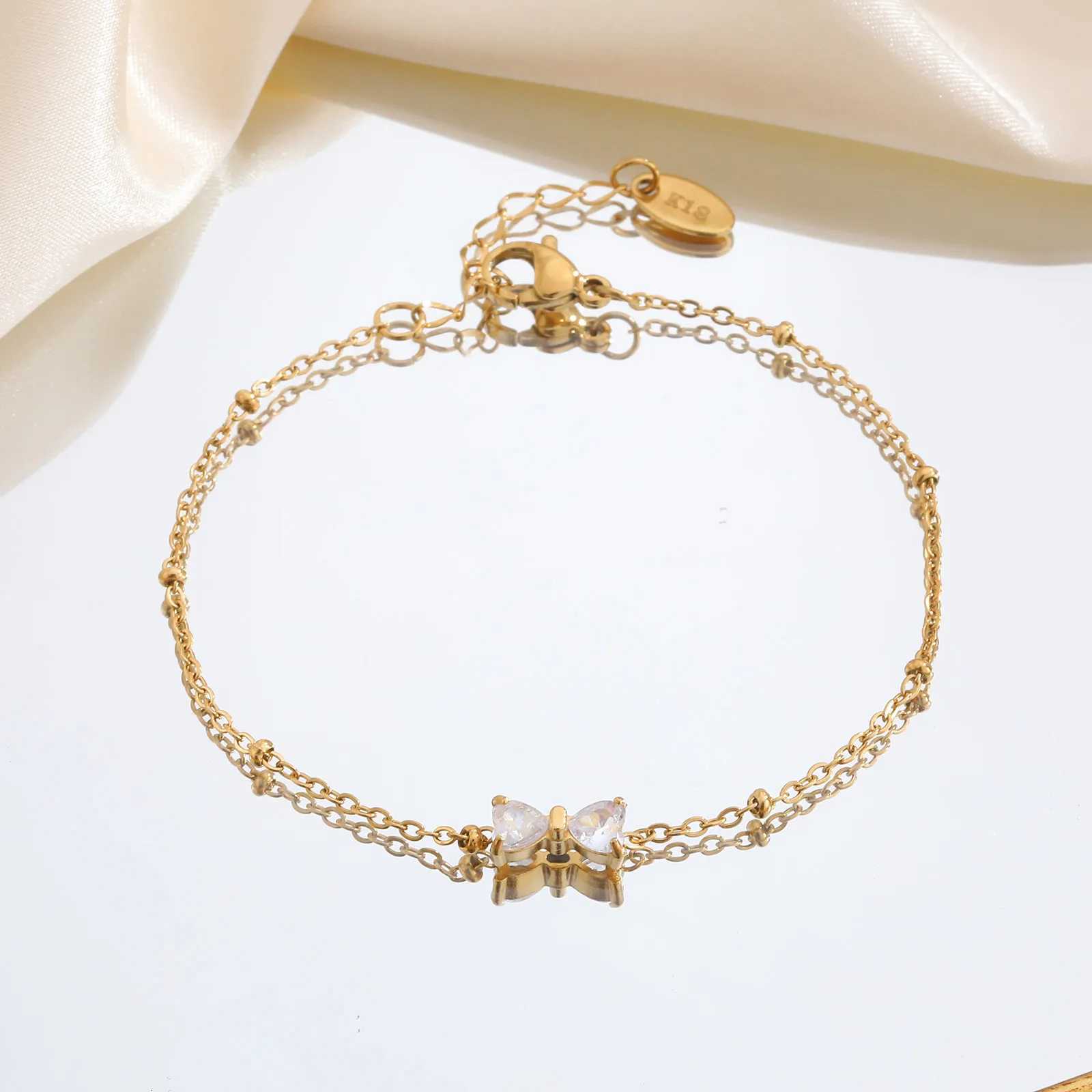 Unique Zircon Bow Bracelet for Women GirlsGold Color Bead Chain Stainless Steel Bowknot BraceletTrendy Waterproof Jewelry GiftT251110