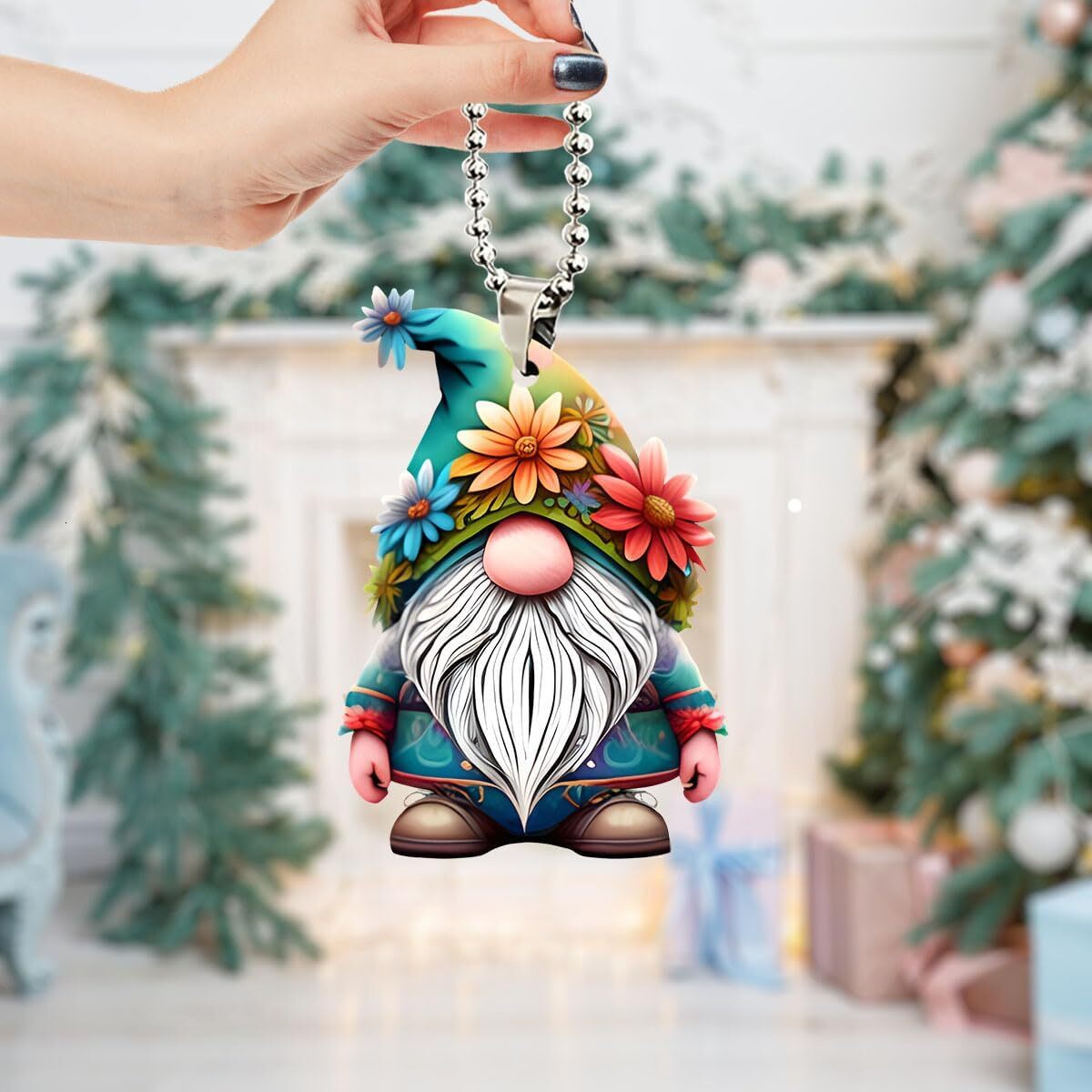 Christmas Floral Gnome Car Ornament, Hanging Decoration with Flowers and Beard, Backpack Keychain Pendant, Gifts for Family or Friends ddmybear