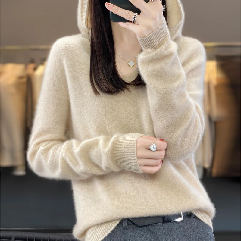 100 Merino Pure Wool V-neck Hoodie Autumn/Winter Hoodie Cashmere Sweater Womens Casual Knitted Top DMR207 251106