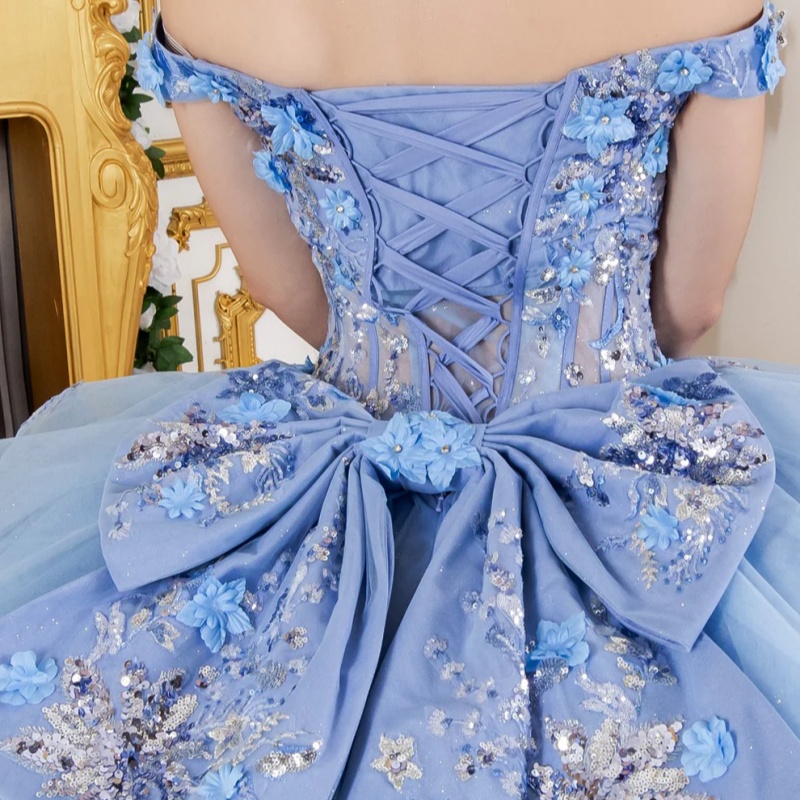 Blue Shiny Princess Quinceanera Dresses Off Shoulder Sequin Applique Lace Beads Tull Sweet 16 Dress Ball Gown Vestidos 15 Anos
