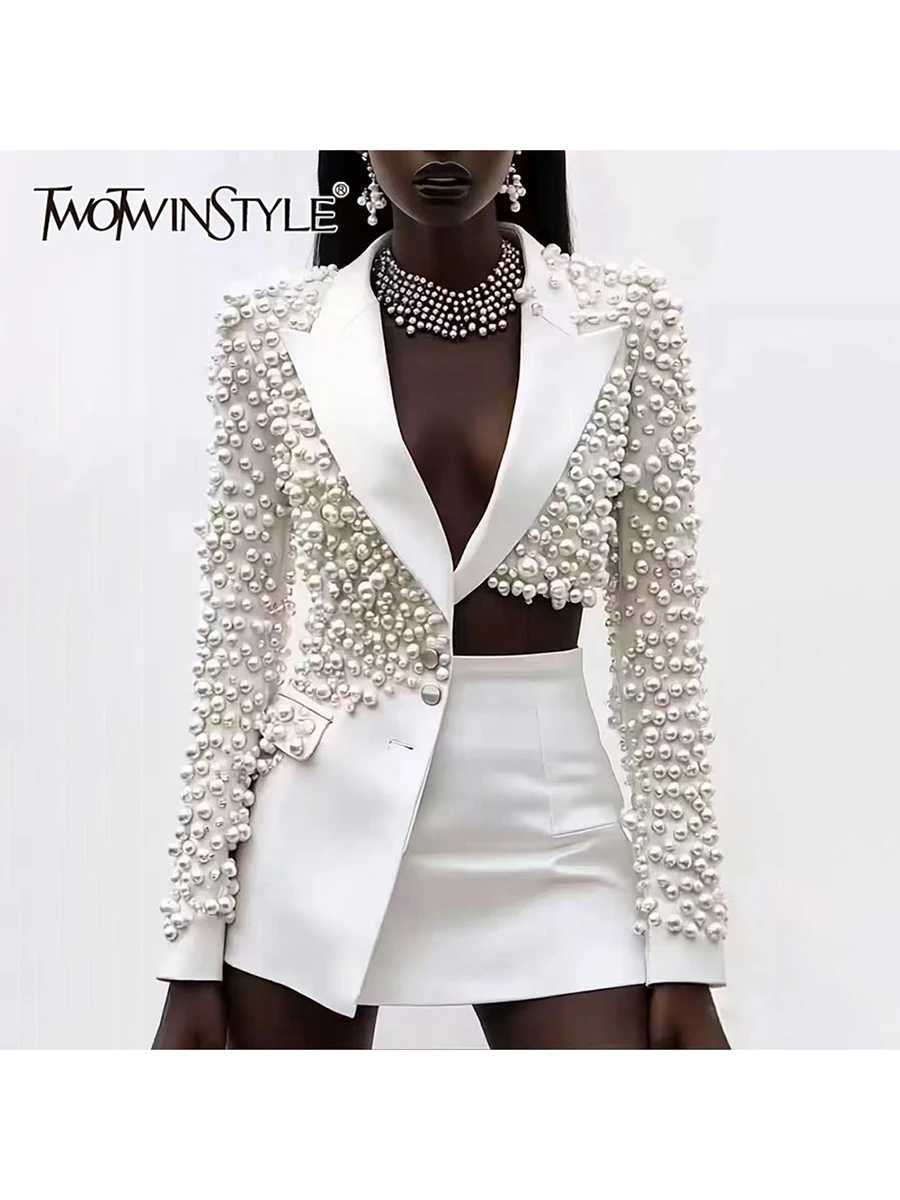 TWOTWINSTYLE Spliced Pearls Two Piece Set for Women Lapel Long Sleeve Irregular Top High Waist Mini Skirt Office Suit Female New W251110