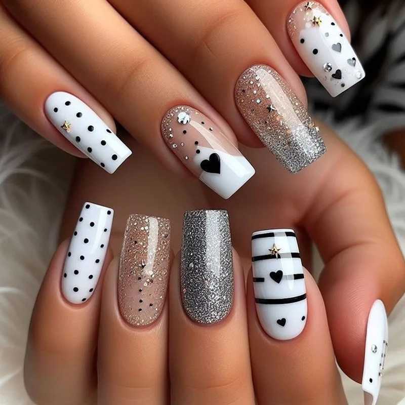 24pcs Medium length Ballet Fake Nail Red Love Pattern Design Pressed on Nails Simple Wearable Completed Coffin Fake Nail Tip W250410