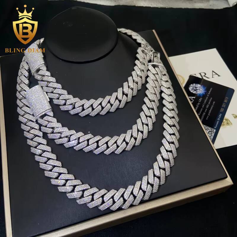 In Stock HipHop Style S925 Moissanite 15mm Cuban Chain Pass Diamond Tester Iced Out Moissanite Necklace Chain Silver with GRA