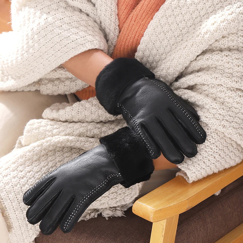 Genuine Sheepskin Leather Gloves For Women Winter Warm Thick Wool Lined Driving Motorcycle Gloves 251106