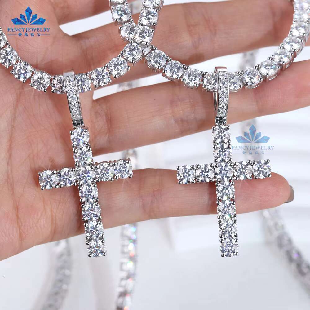 Hip Hop Jewelry Custom Diamonds Necklace Pendant 925 Sterling Silver Iced Out 5.0mm VVS Moissanite Cross Pendant Tennis Chain