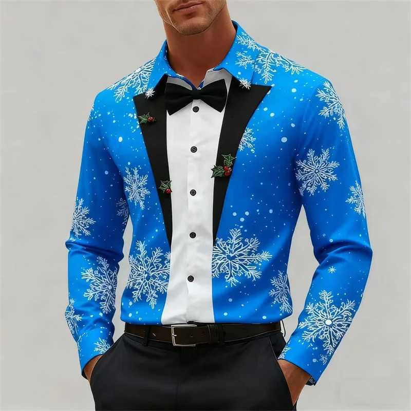 Christmas Mens Snowflake Bow Tie Pattern 3D Print Christmas Shirt Long Sve Tops Outdoor Holiday Gift Shirt Men Clothing Q251110