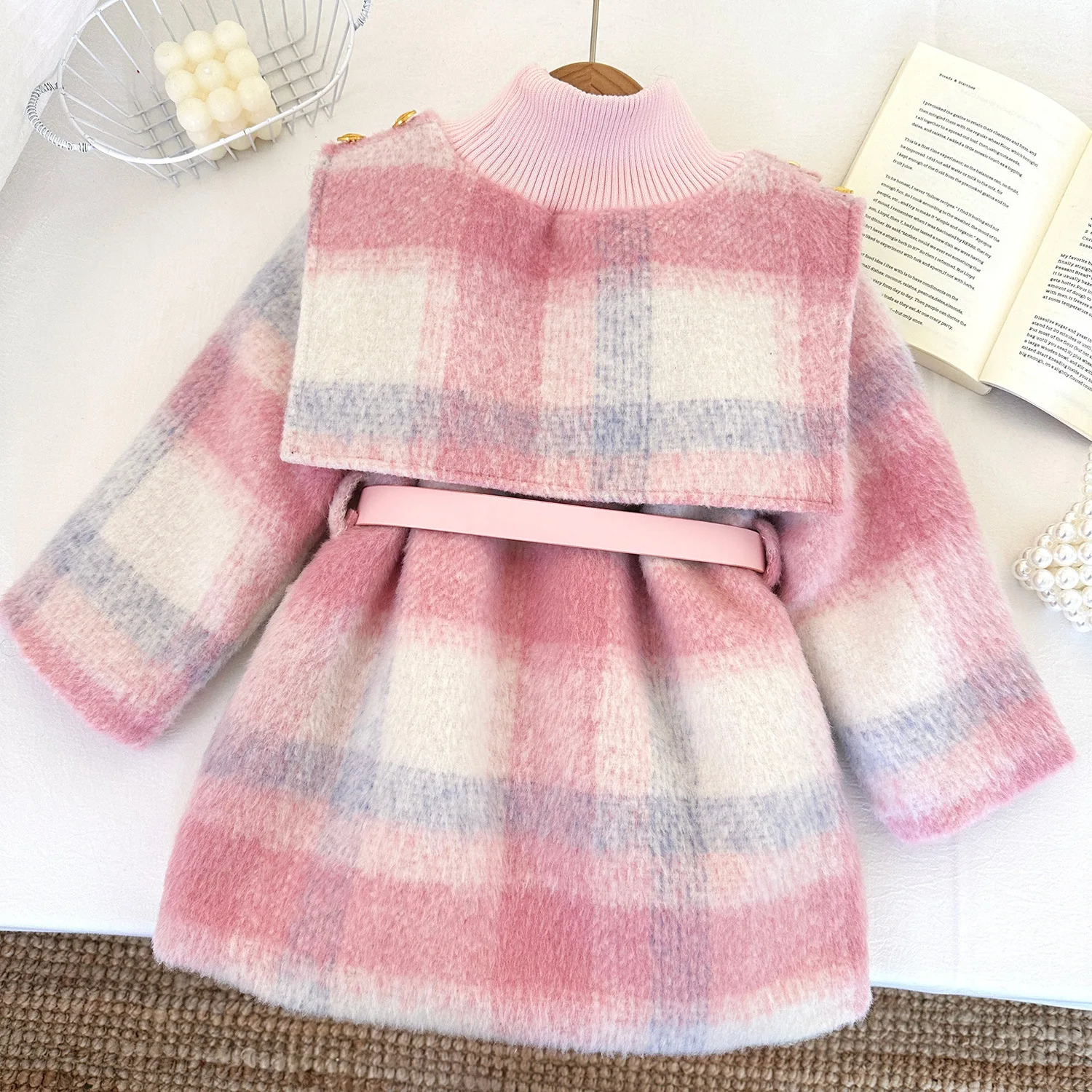 Kids Girls Jacket Coat Outwear Sweet Thicken Winter Woolen Coat for Girls Outdoor Overcoat Childrens Year Clothes With Belt 251103