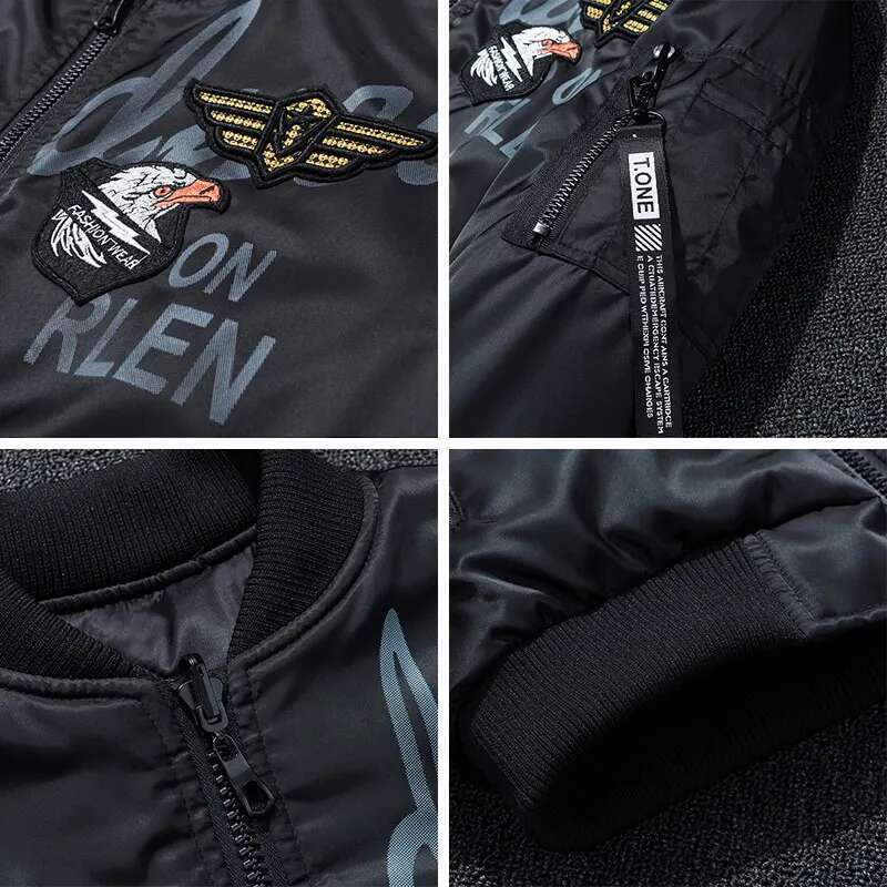 Winter Bomber Military Pilot Badge Fashion Double Side Wear Motorcycle Jacket Autumn Youth Men Clothing Pocket