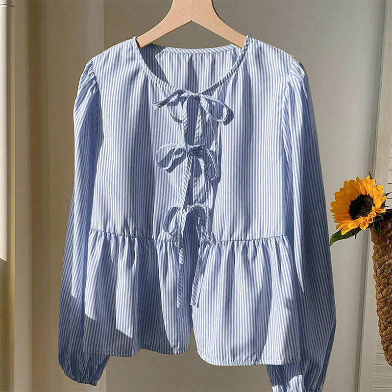 Cross-Border Amazon Foreign Trade European and American Long Sleeve Tie Versatile Striped Shirt 2025 Autumn New Women's Top