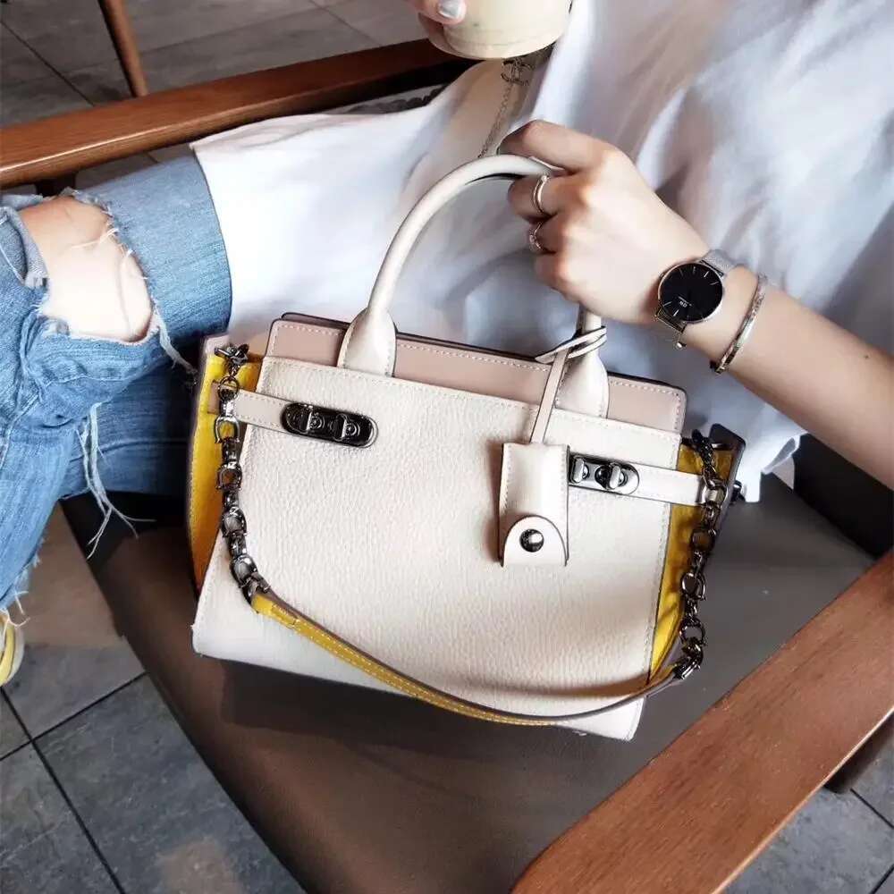 Women Handbag Genuine Leather Panelled Pattern Female Shoulder Meaaenger Trapeze Bag