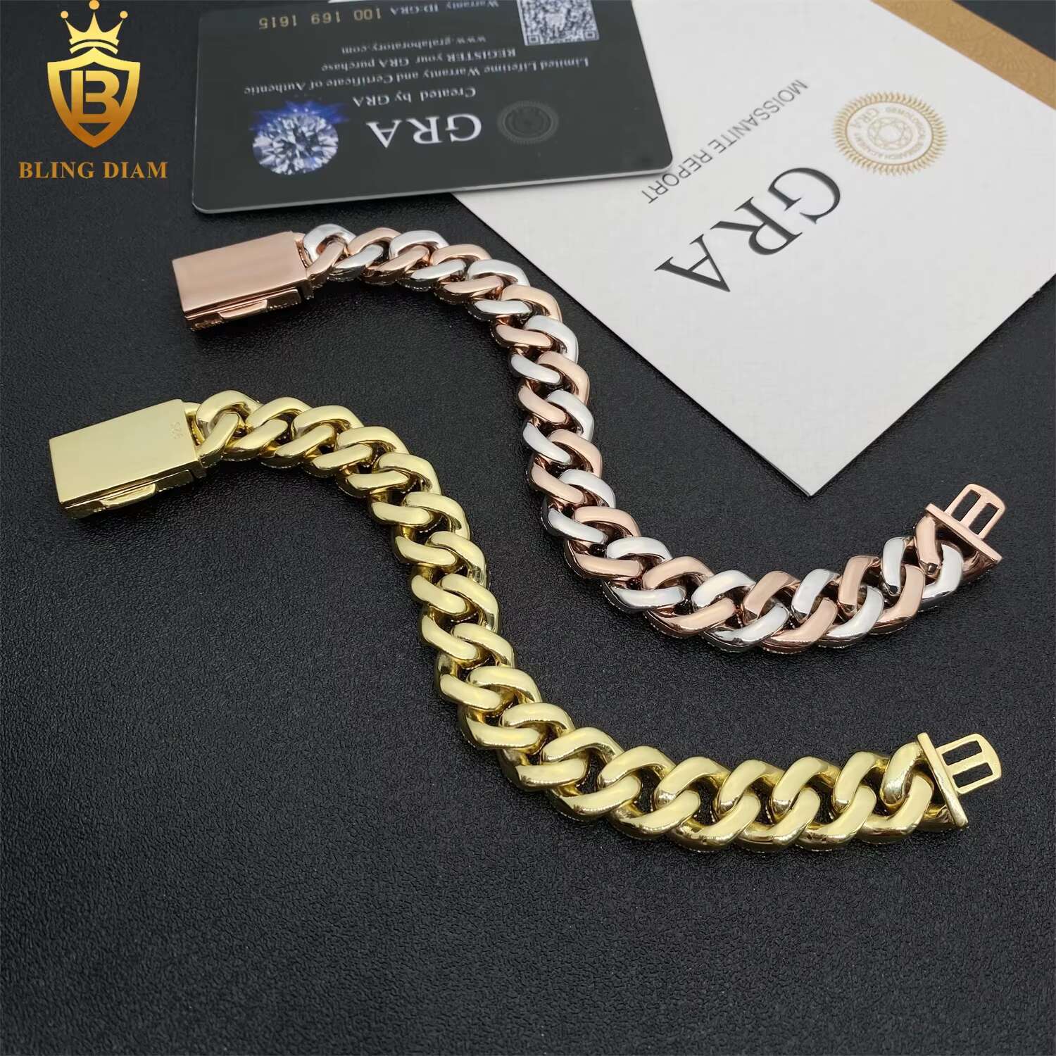 12mm Hip Hop Miami Cuban Link Chain 2Rows 925 Silver Vvs Moissanite Iced Out Gold Plated Promotions and Discounts