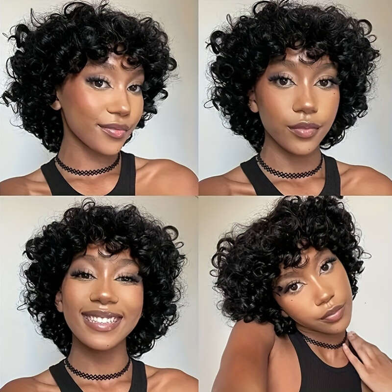 Women's Short Bob Afro Pixie Cut Bangs - 100% Human Hair 200% Density Bouncy Curls, Glueless No Lace Front Wig With Natural Base Light Brown High