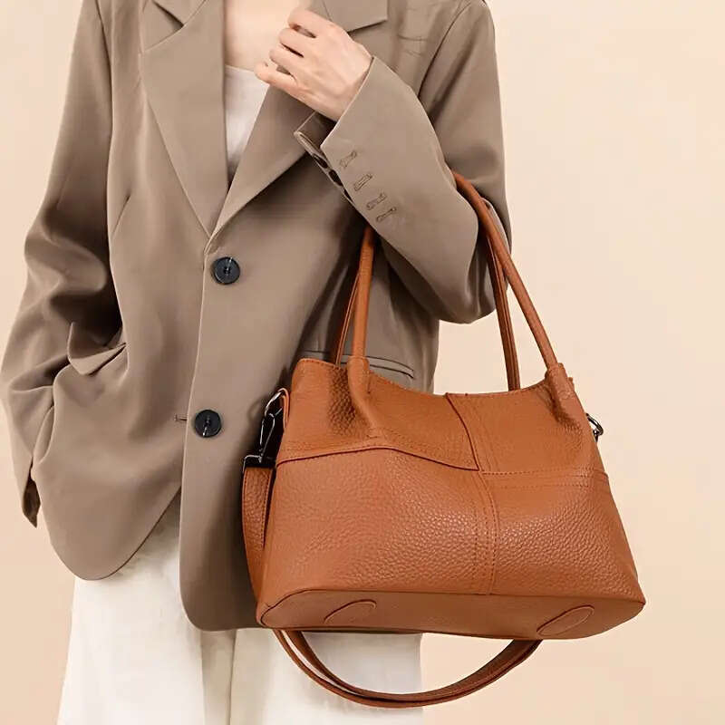 Black Lychee Pattern Women's Handbag, Dual-purpose Tote Crossbody, Large Capacity Multi-compartment Moms - Vintage Texture Shoulder Bag Suitable 