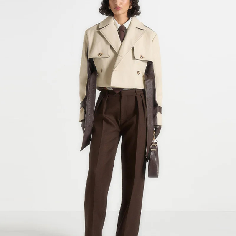 Womens Patchwork Short Leather Jacket Fashion Lapel Long Sleeve Turndown collar With Belt Coats Lady Commuter Outwear 251103