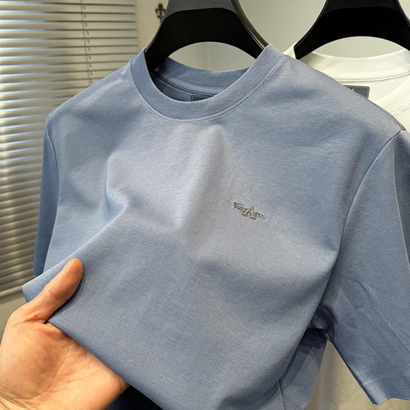summer mens T-shirt trend letter embossed silk cotton short sleeve comfort elastic quick drying round neck T-shirt 250410
