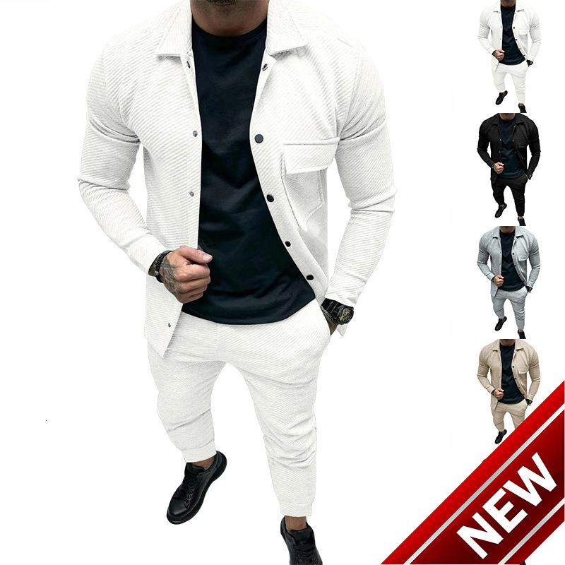 2024 autumn/winter new mens collar solid color long sleeved pants set loose and versatile two-piece set