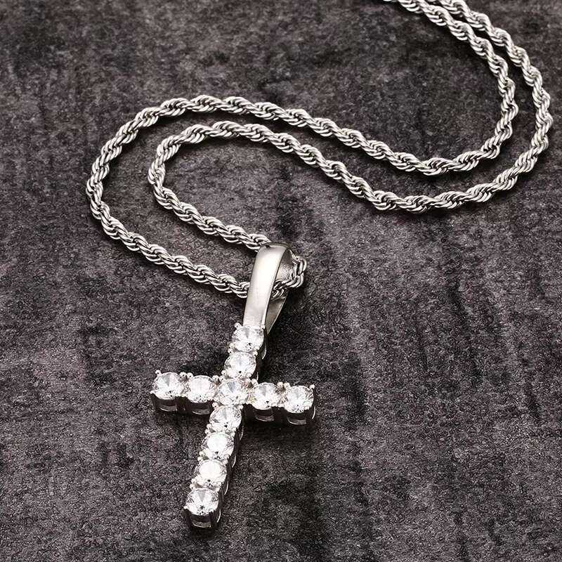 Luxury 5mm Silver 925 VVS D Color Moissanite Jesus Cross Pendant Necklace With Gold Plated Tennis Chain for Parties