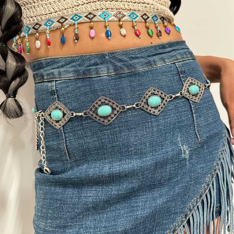 Fashion Silver Bohen Fem Round Waist Chain Luxury Blue Gemstone Elliptical Chain Belt Suitable for Womens Clothing X250410