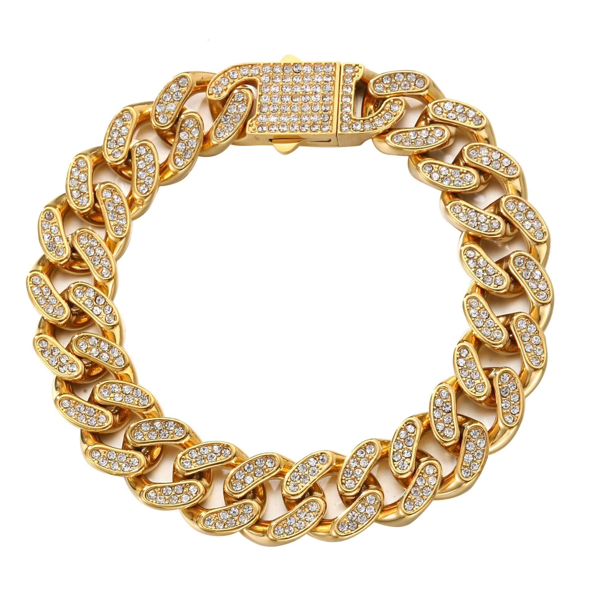 Thick gold PVD stainless steel thick chilled all stone jewelry Schmuck Cuban chain necklace men's armband