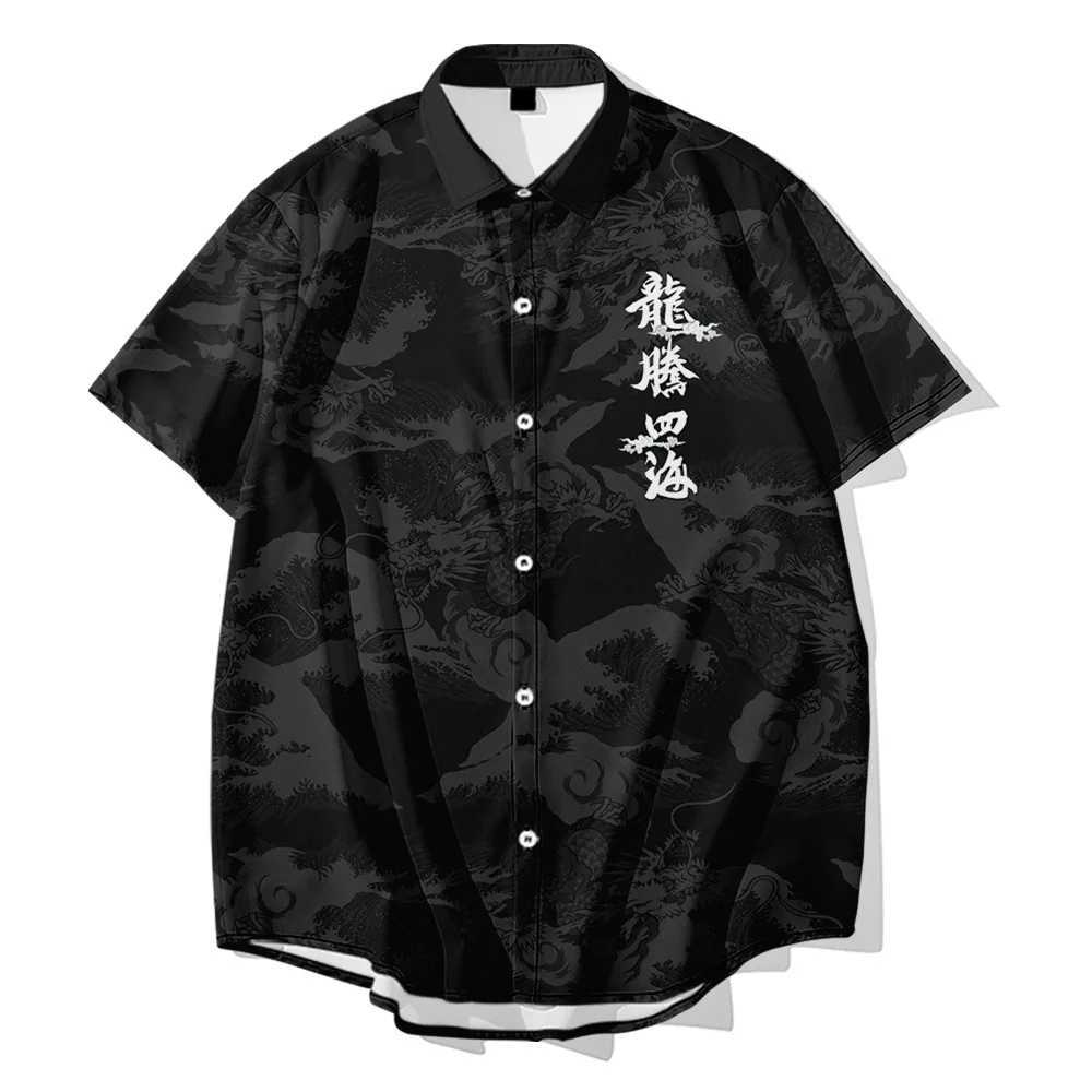 2024 HAWaiian Shirt Mens Harajuku Black Dragon Tiger Printed Ethnic Fashion super Large Ropa Hombre Camisa Corta X250410