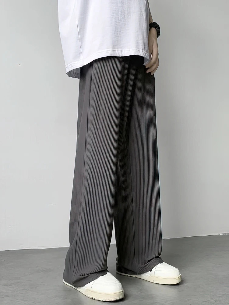Summer Straight Ice Silk Casual Pants Men High Waist Pleated Long Trousers Thin Sport Wide leg Sweatpants Male Baggy 250408