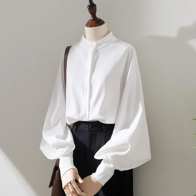 Womens Spring and Autumn style shirt womens long lantern sleeve stand collar loose blue top DF4847 250409
