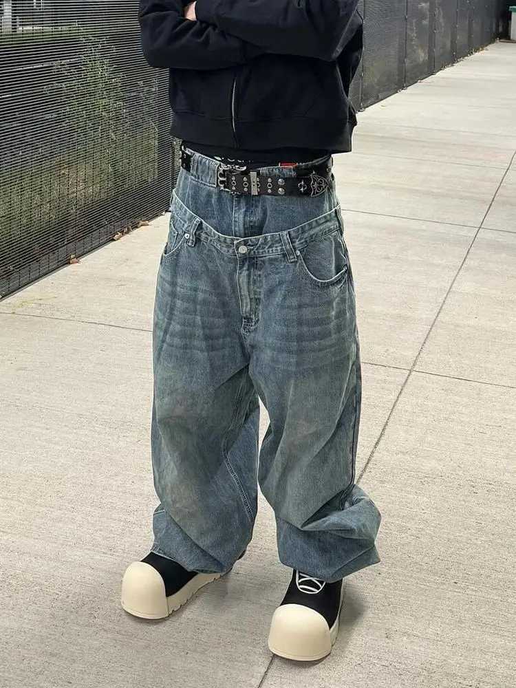 American double waist design women jeans Y2k retro high street lazy style floor wide-leg pants for men and women C251110