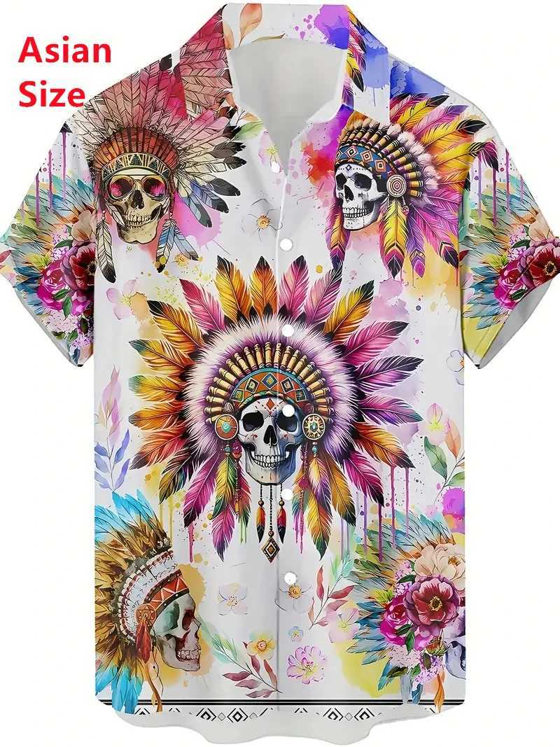 Terror Skull Printed Mens Shirt Summer Hip Hop Style Short Sleeve Collar Mens Street Clothing Hawaii Beach Holiday Shirt X250410