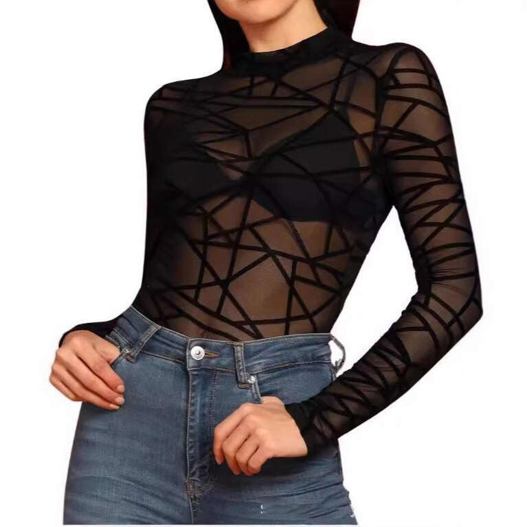 European and American Style Hot Girl Velvet Tight Mesh Top