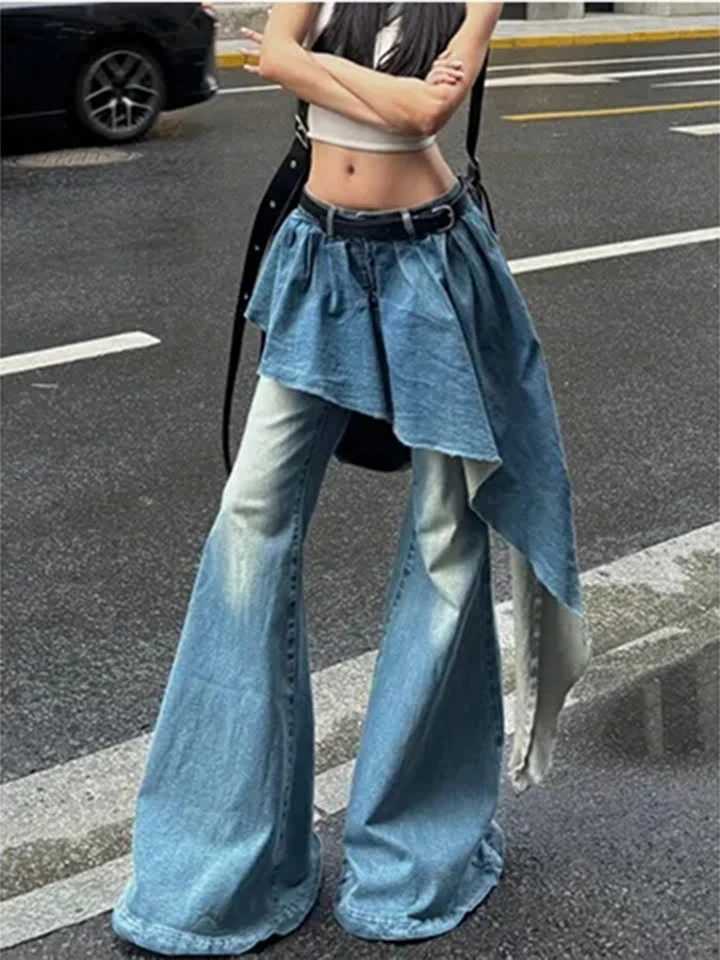 Streetwear Vintage Women Jeans Irregular Fake Two Pieces Patchwork Denim Pants American Fall High Street Hottie Flared Trouser C251110
