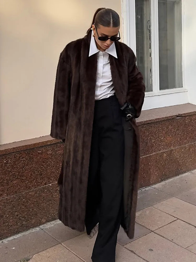 Women Casual Brown Faux Fur Coat Turtleneck Full Sleeve Fluffy Loose Striped Long Coats Lady Winter Daily Street Lace Up Jacket 251110