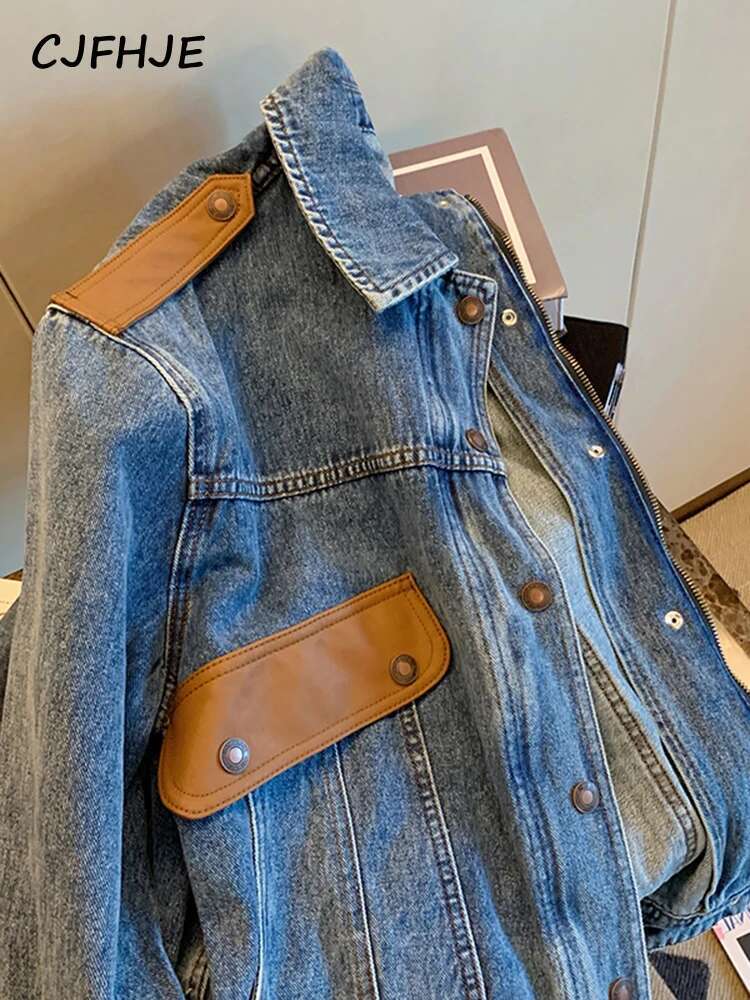 Blue Vintage Patchwork Jacket Women Chicly Fashion Korean Loose Female Jackets Haruku Zipper Casual Denim Coats
