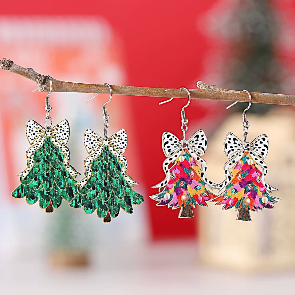 Christmas Themed Wooden DoubleSided Earrings with Cow Print Leopard Print Bow And Christmas Tree Pendant for Festive Decor 251031