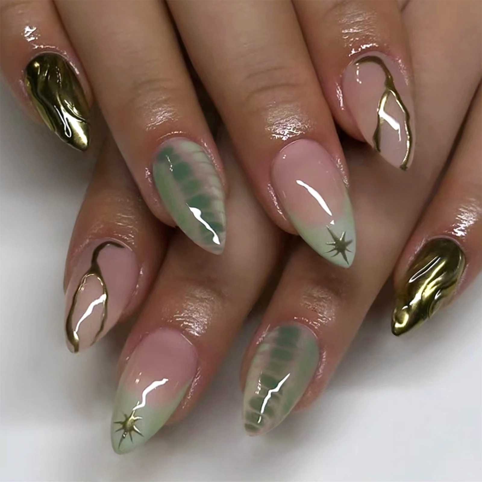 24 pieces of green almonds pressed on nails celebrity fake nails wearable nail sticks fake nails W250410