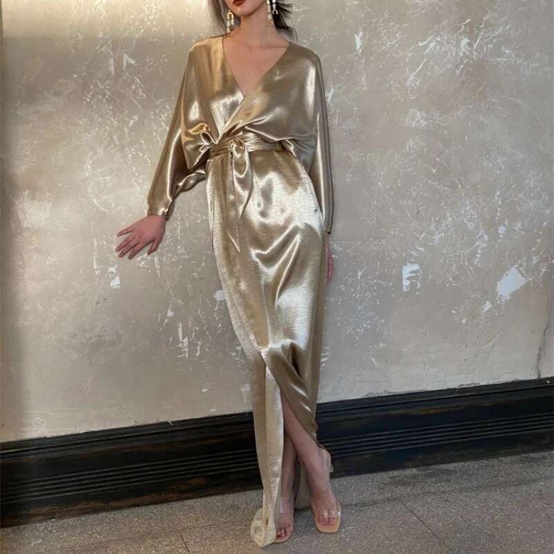 Shiny Satin Women Glossy Long Sleeve V Neck Sexy Evening Wrap Dress Female Elegant Party Club Gold Robe With Belt