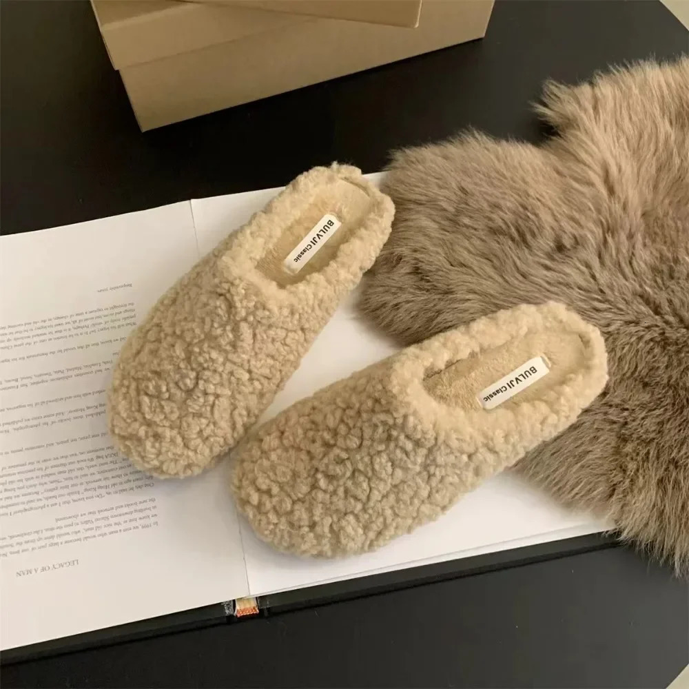 Fleeces Solid Color Furry Slippers Women Baotou Fur Flip Flops Woman Sliders Flat with Slides Warm Slippers Indoor Shoe 251107