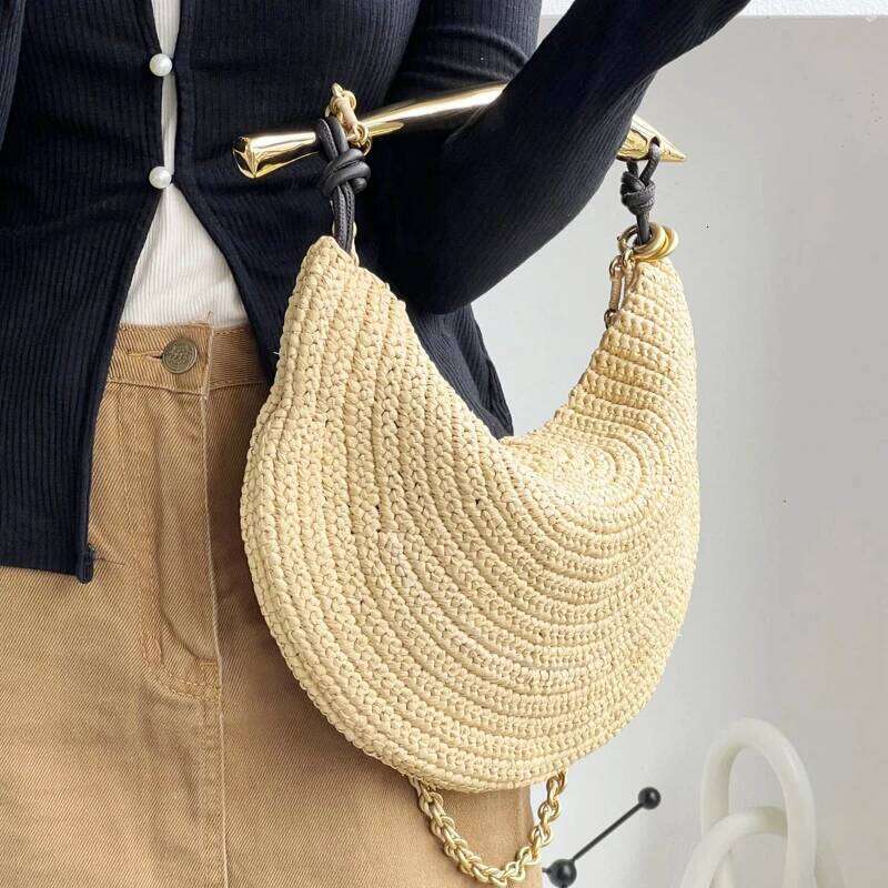 Classic Slim Beach Bags For Women Luxury Designer Handbag Purse 2025 New In Straw Woven Sequined Top Handle Chain Strap Shoulder